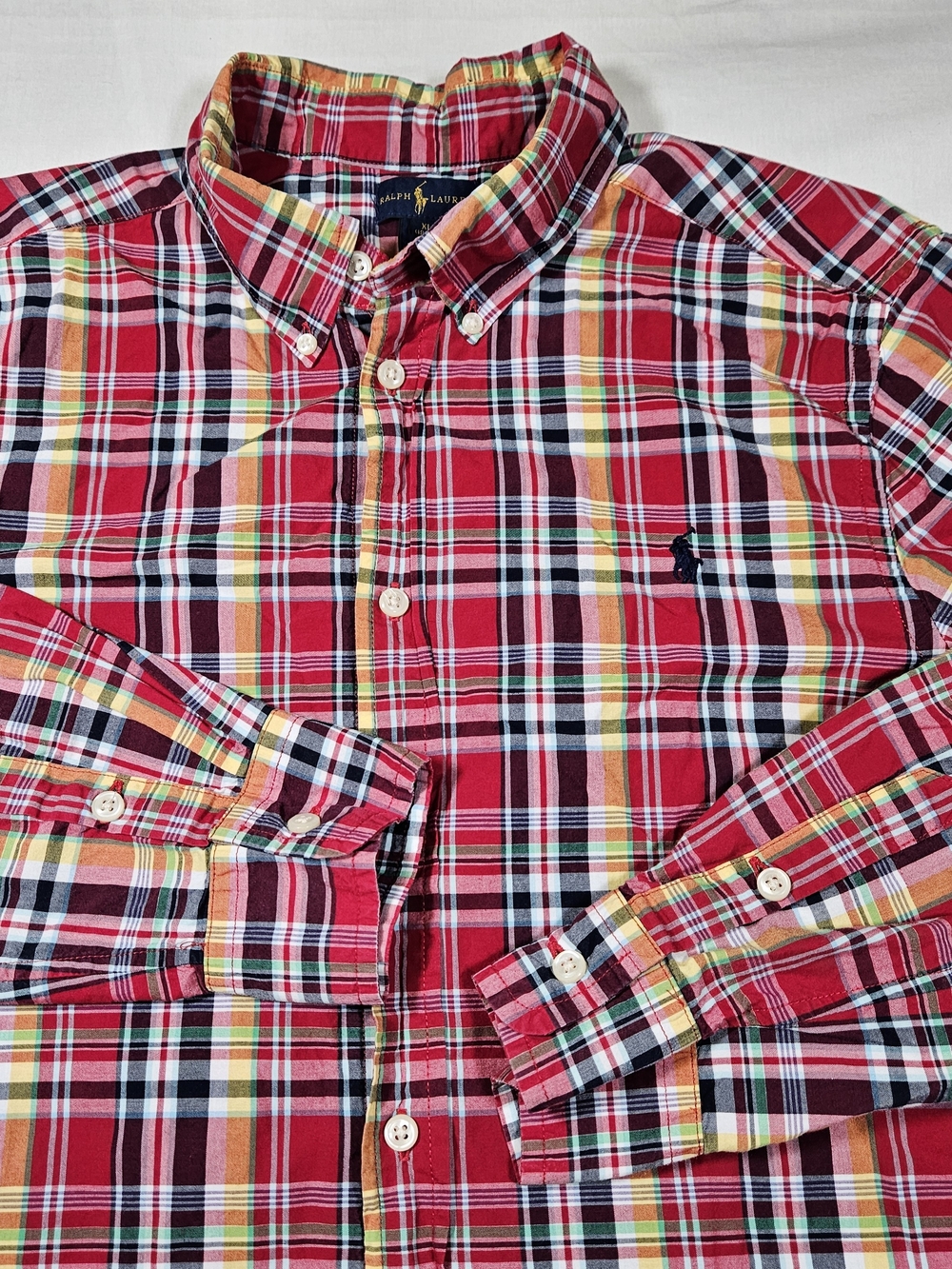 Polo Ralph Lauren Boys XL 18-20 Madras Plaid Button Up Shirt Red